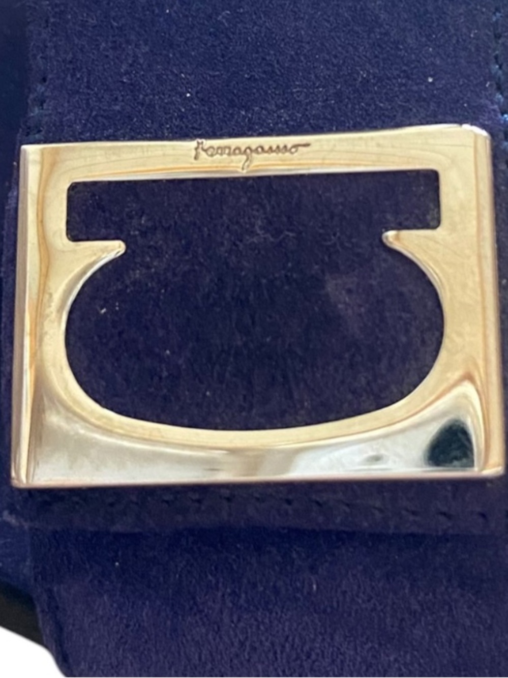 Vintage y2k Salvatore Ferragamo Blue Suede Slingback Block Heels Silver Buckle - Picture 14 of 16